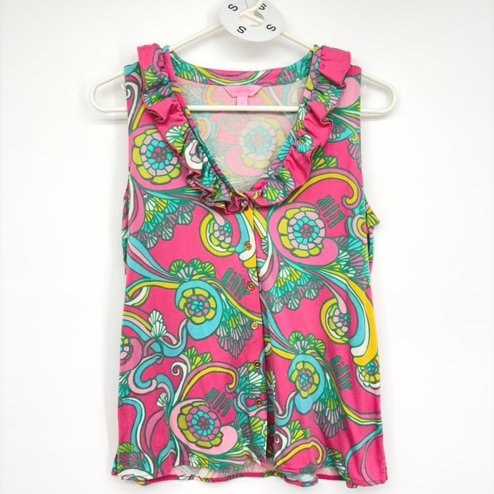 Lilly Pulitzer Ruffle Neck Button Front Tank Top Women's Small Pink‎ Floral